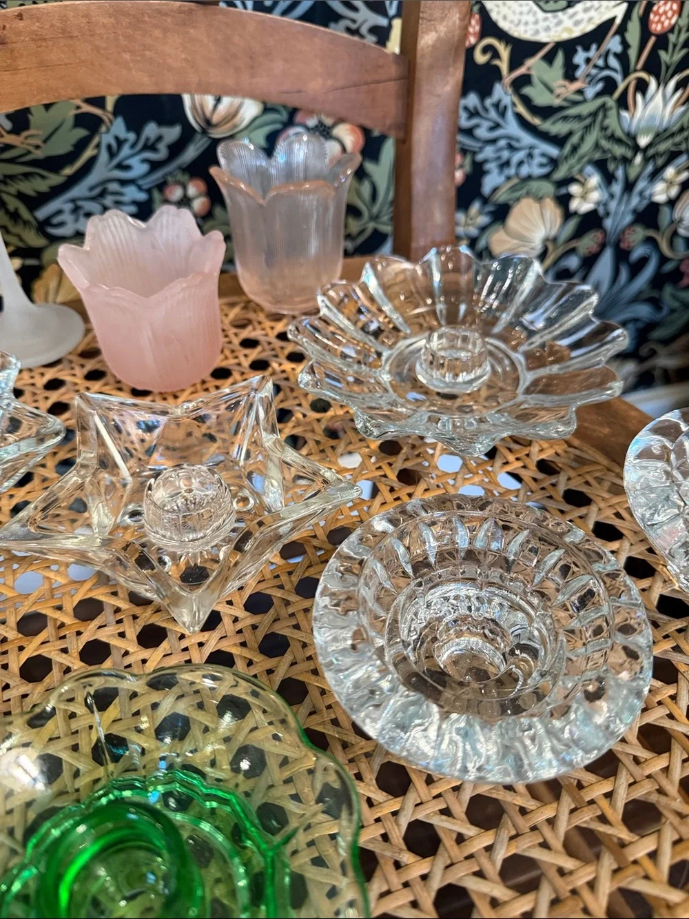 Vignette of 11 Vintage Candle Holders, Fostoria, Party Lite, KIG, Hazel Atlas
